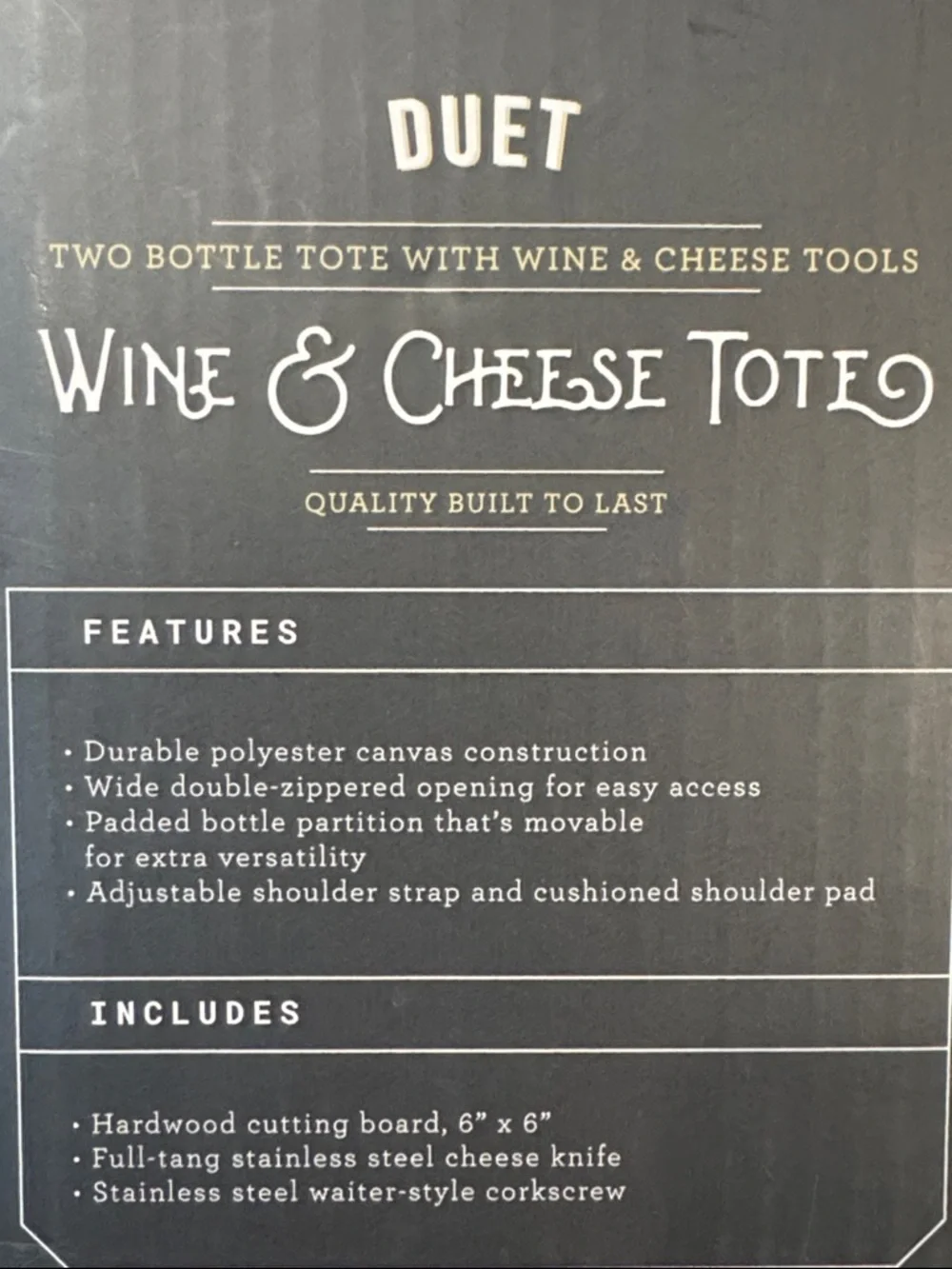 Legacy Duet Wine Cheese Tote Black Grey J.P. Morgan 2 Bottle NWT